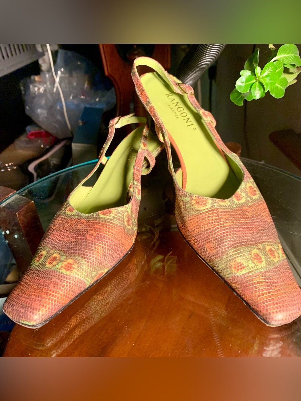 Rangoni Green/Orange Sunflower Patterned Slingbacks- Leather Upper/Sole - 7.5 AA